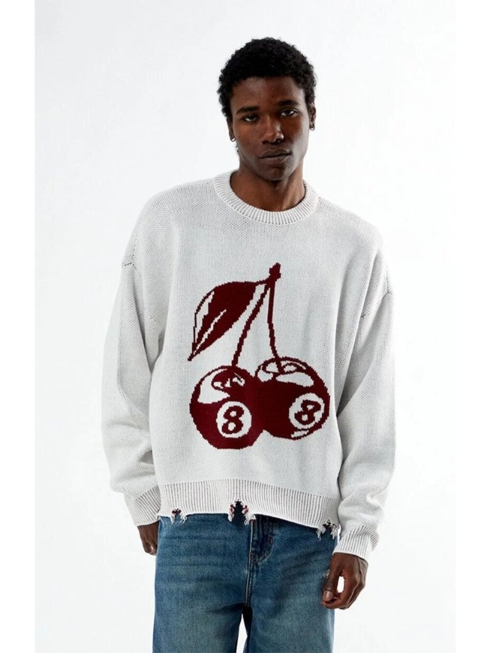 PacSun Lucky Sweater Distressed Knit Lagenlook Colorful Cherry Graphic Medium Me